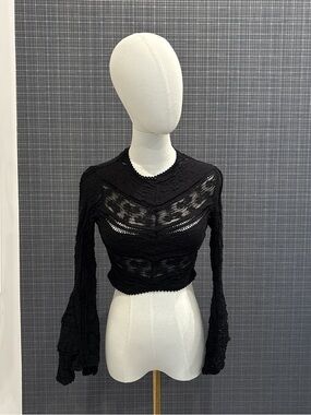 Charo Ruiz Black Lace Cropped Blouse with Flared Sleeves